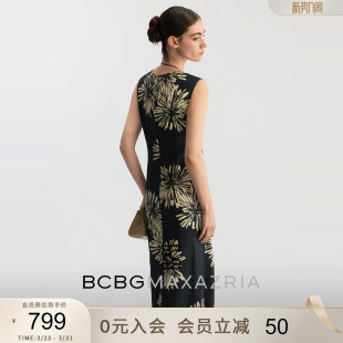 简约休闲褶饰收腰无袖 新款 BCBG2026春季 印花连衣裙 100%亚麻