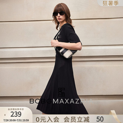 BCBG夏季银丝翻领经典气质休闲通勤收腰显瘦针织连衣裙女士小黑裙