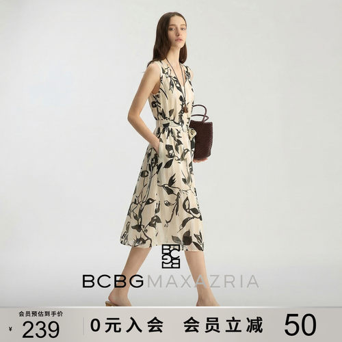 BCBG春夏女装时尚气质慢人风经典花卉印花系带收腰显瘦V领连衣裙