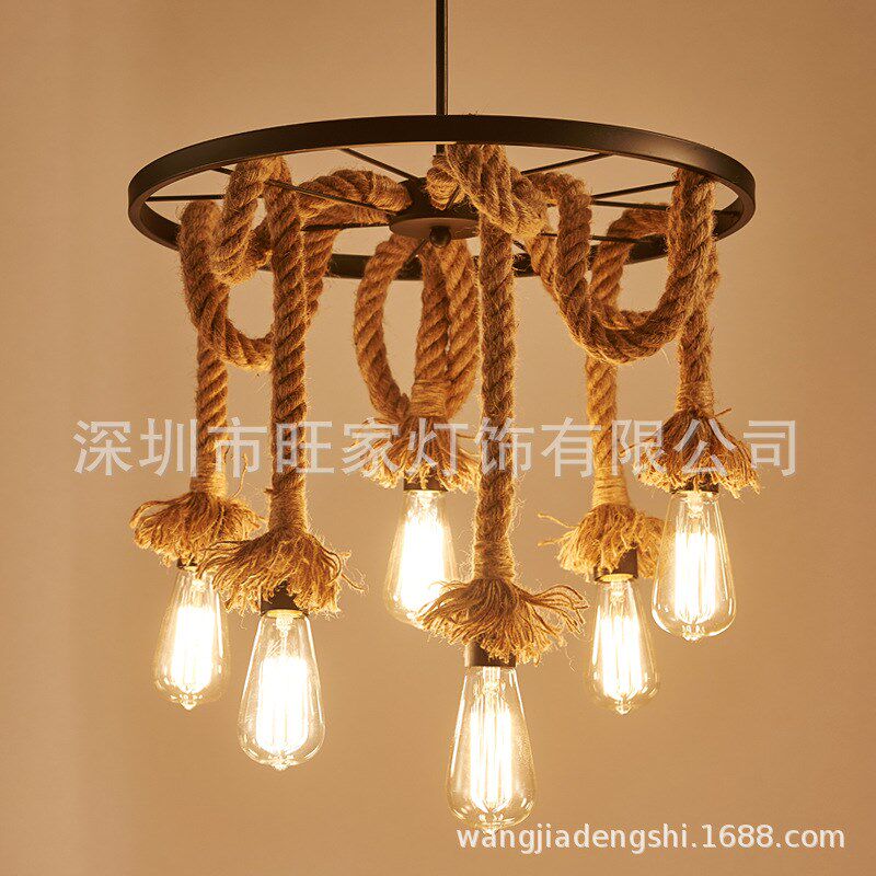 工业风复古灯客厅餐厅简约现代车轮艺术个性卧室创意麻绳灯具吊灯