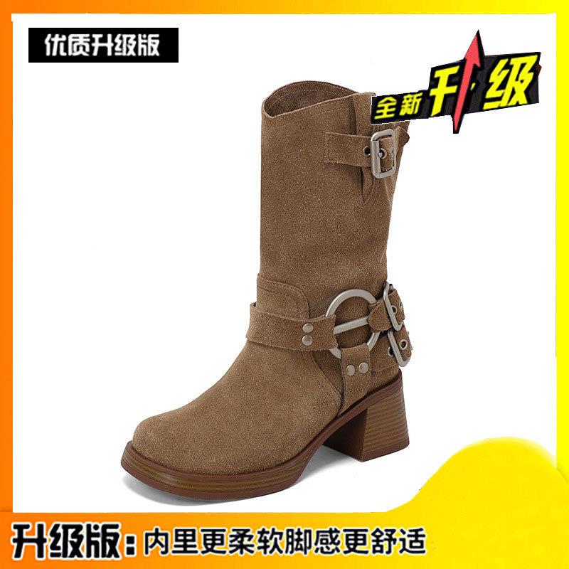 新品真皮中筒靴子女2025新