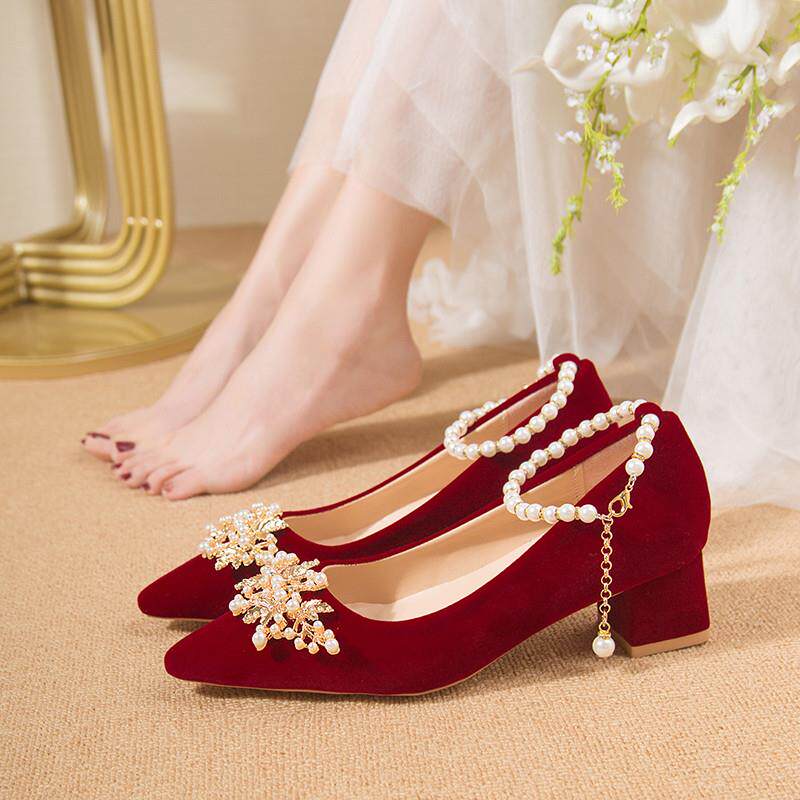 新品婚鞋新娘鞋女秀禾绸缎面主婚纱两穿红色高跟鞋中式结婚鞋粗跟