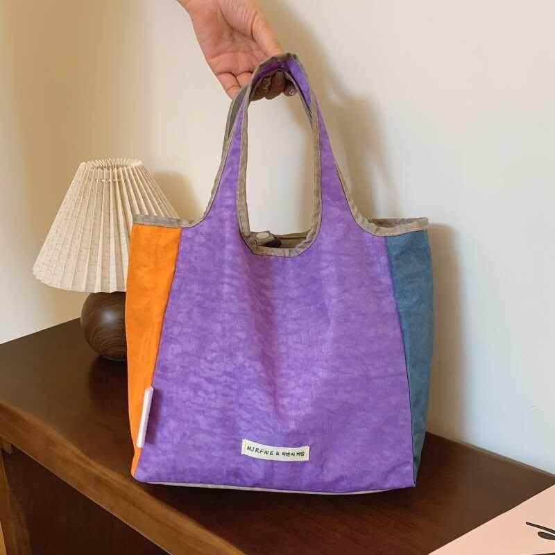 新品轻便休闲帆布包购物袋便携拼接环保收纳手提包便当包大容量通