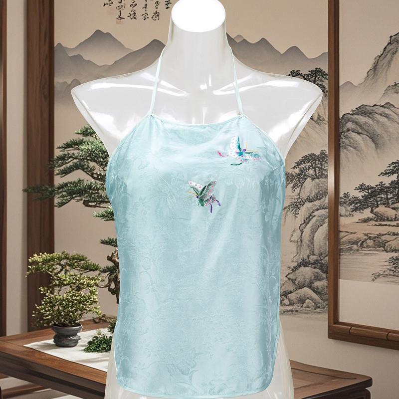 真丝古代肚兜女性感中国风睡衣桑蚕丝绸刺绣花露背式吊带挂脖内衣