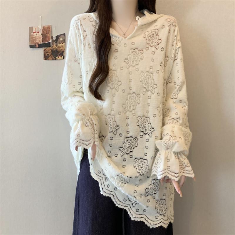 新品蕾丝钩花连帽长袖打底衫女春秋大码胖mm显瘦洋气中长款遮屁股