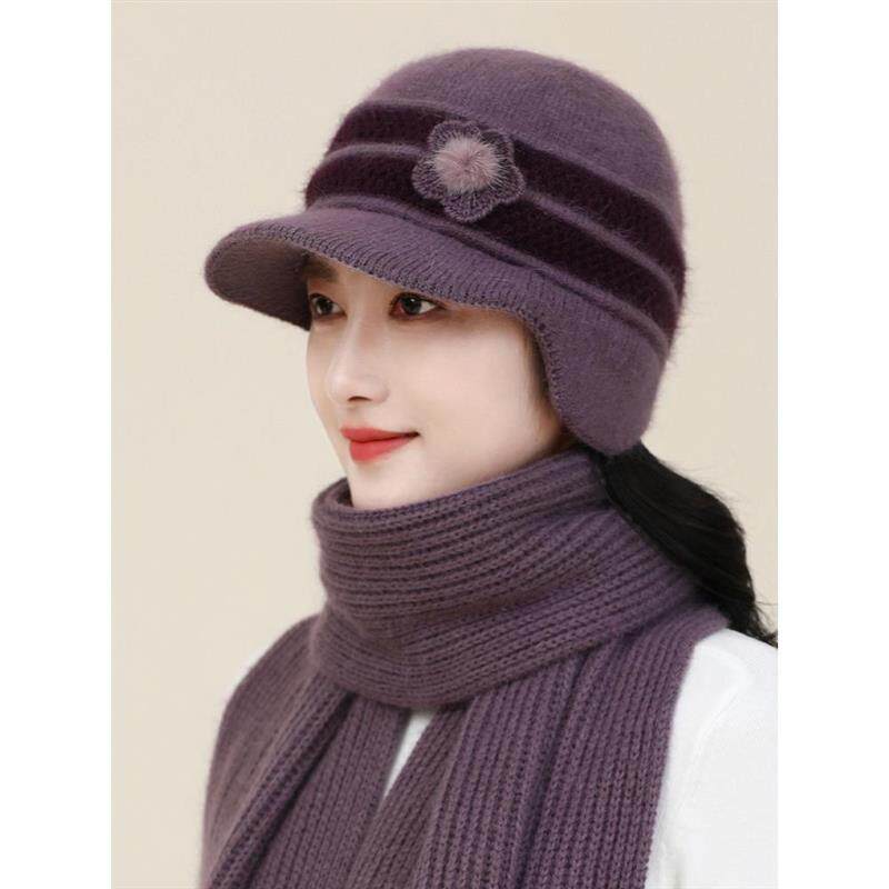 冬季毛线帽子女士中老年人兔毛围巾套装奶奶妈妈加绒防寒保暖时尚