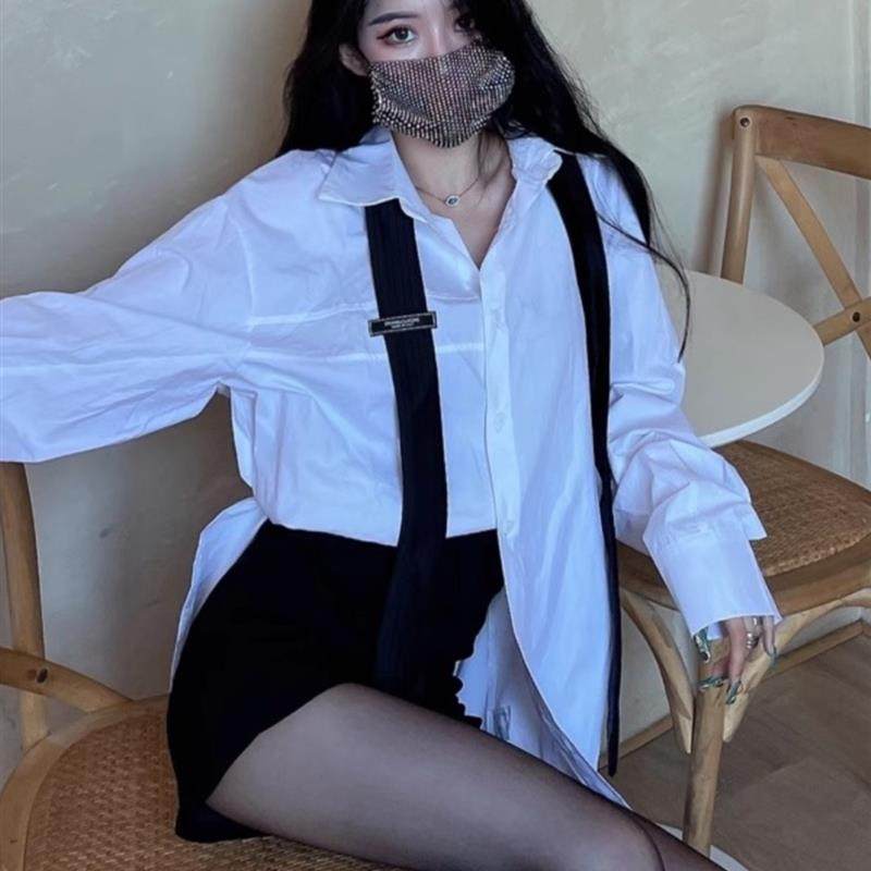 新品春宽松长袖白色衬衫女中长款jk制服领带男友风衬衣御姐纯欲风
