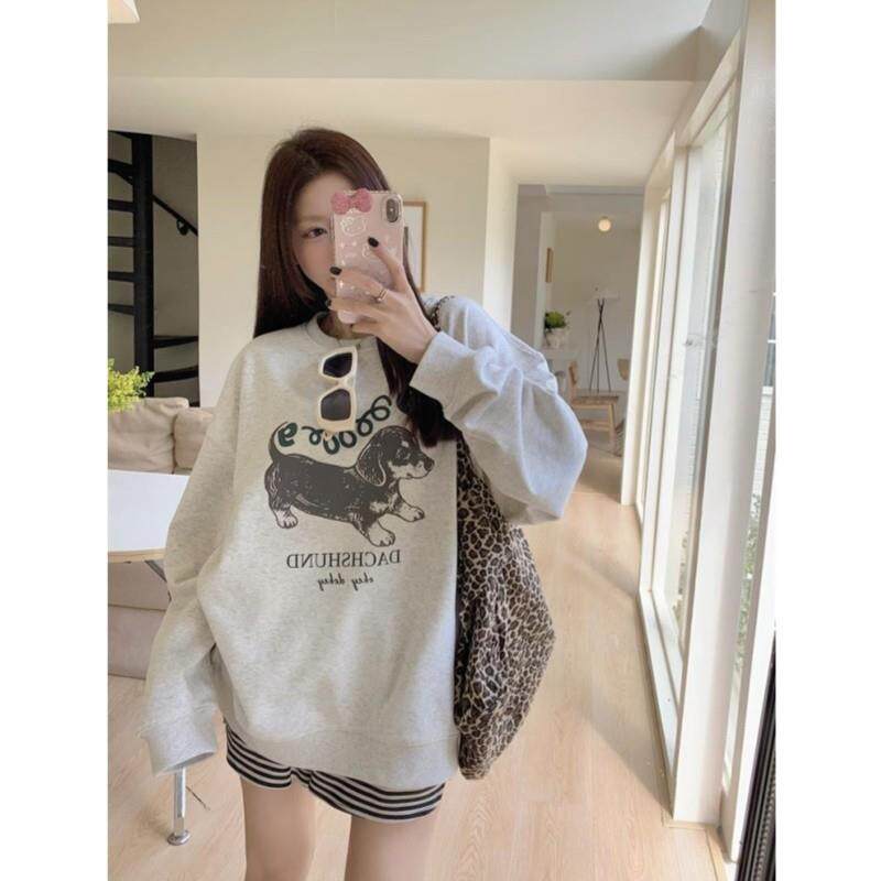 新品灰色卫衣女秋季2025新款韩系慵懒风宽松显瘦狗狗印花圆领长袖