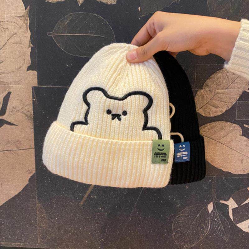 小熊针织毛线帽女秋冬季堆堆日系网红帽子大头围显脸小保暖冷帽潮