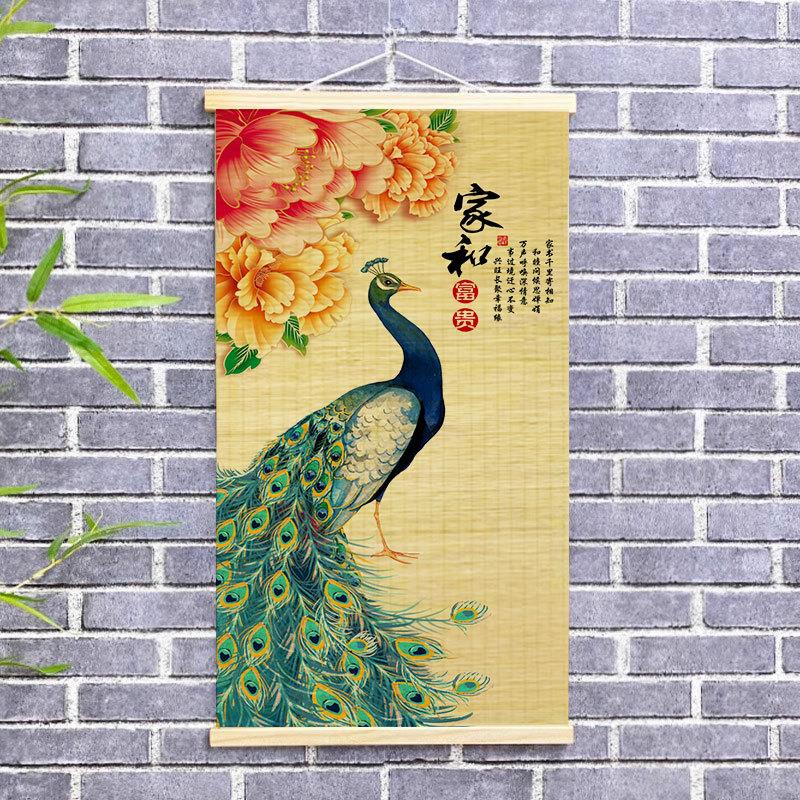极速新中式遇见孔雀装饰挂画竹帘子复古玄关招财图案茶室客厅墙壁图片