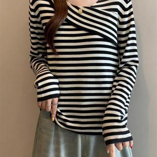 新品不规则黑白条纹正肩长袖针织衫女2025秋季爆款大码胖mm打底衫