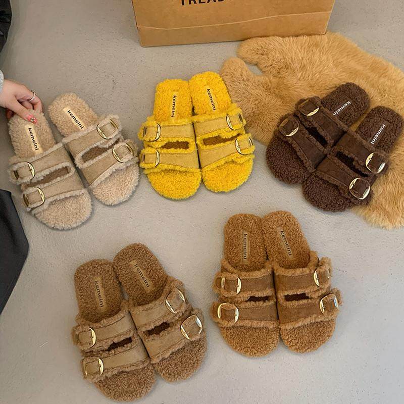 新品皮带扣复古勃肯毛毛拖鞋女外穿2025新款秋冬室内平底加绒棉拖,女鞋,毛毛鞋,淘宝优惠券,粉丝福利购,淘宝优惠卷