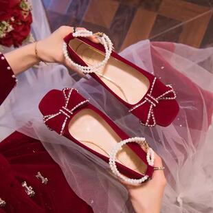 高跟单鞋 绒面方头法式 红色配旗袍订婚马面裙敬酒服秀禾结婚鞋 新品