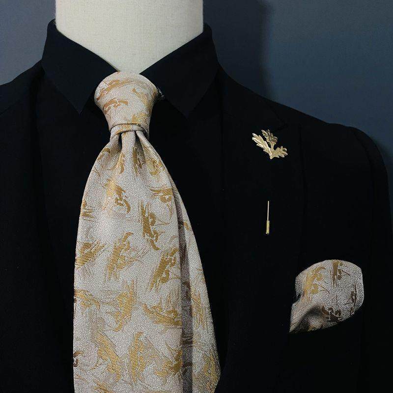 红金花男士领带正装韩版休闲8CM手打 复古花纹高级感口袋巾礼盒装