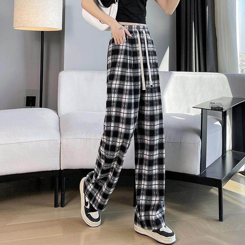 新品黑白格子窄版阔腿裤少女大童春秋初中高中学生宽松休闲运动直