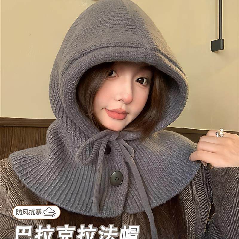 帽子围巾一体女冬保暖羊毛围脖防风宽松针织巴拉克拉法帽2025新款