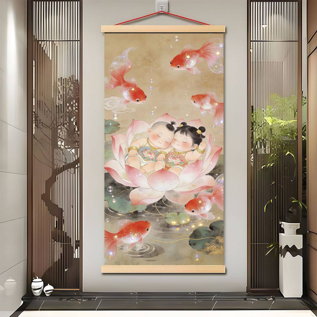 莲花送子挂画送财童子多子多福不褪色挂画装饰卧室家居挂画防水画