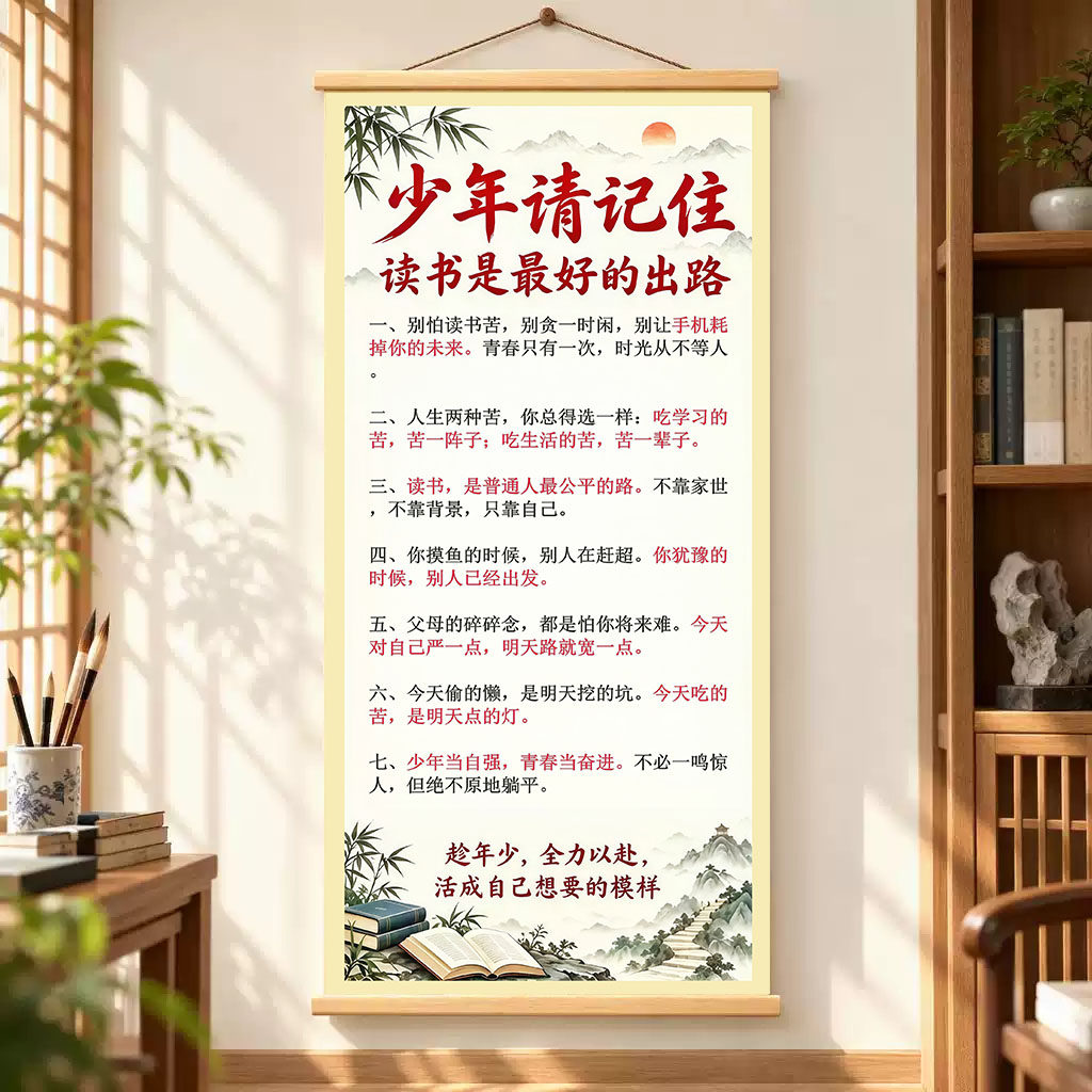 【少年请记住】新中式家训挂画客厅书房儿童房教育孩子装饰画挂轴