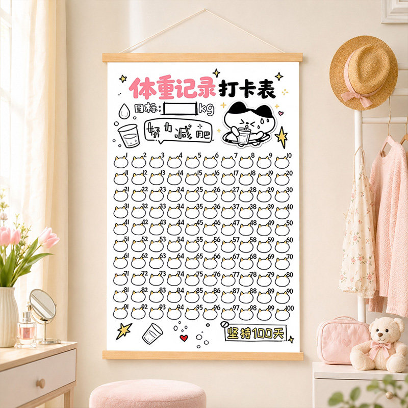 体重挂画减肥监控打卡每天100记录自律免打励志无痕挂轴装饰画