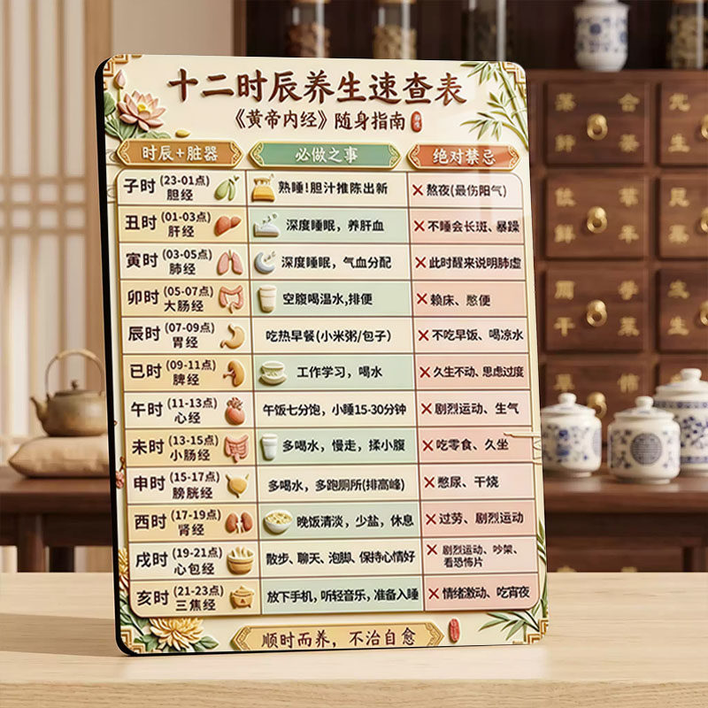 【十二时辰养生表】黄帝内经黄相框摆台科学作息画框客厅卧室摆件