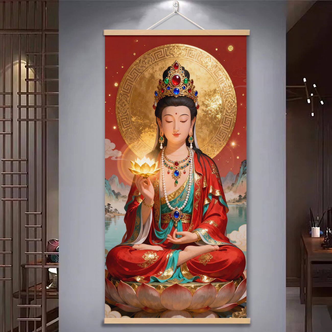 结缘观音菩萨画像挂画莲花观音供奉阿弥陀佛客厅玄关装饰挂画