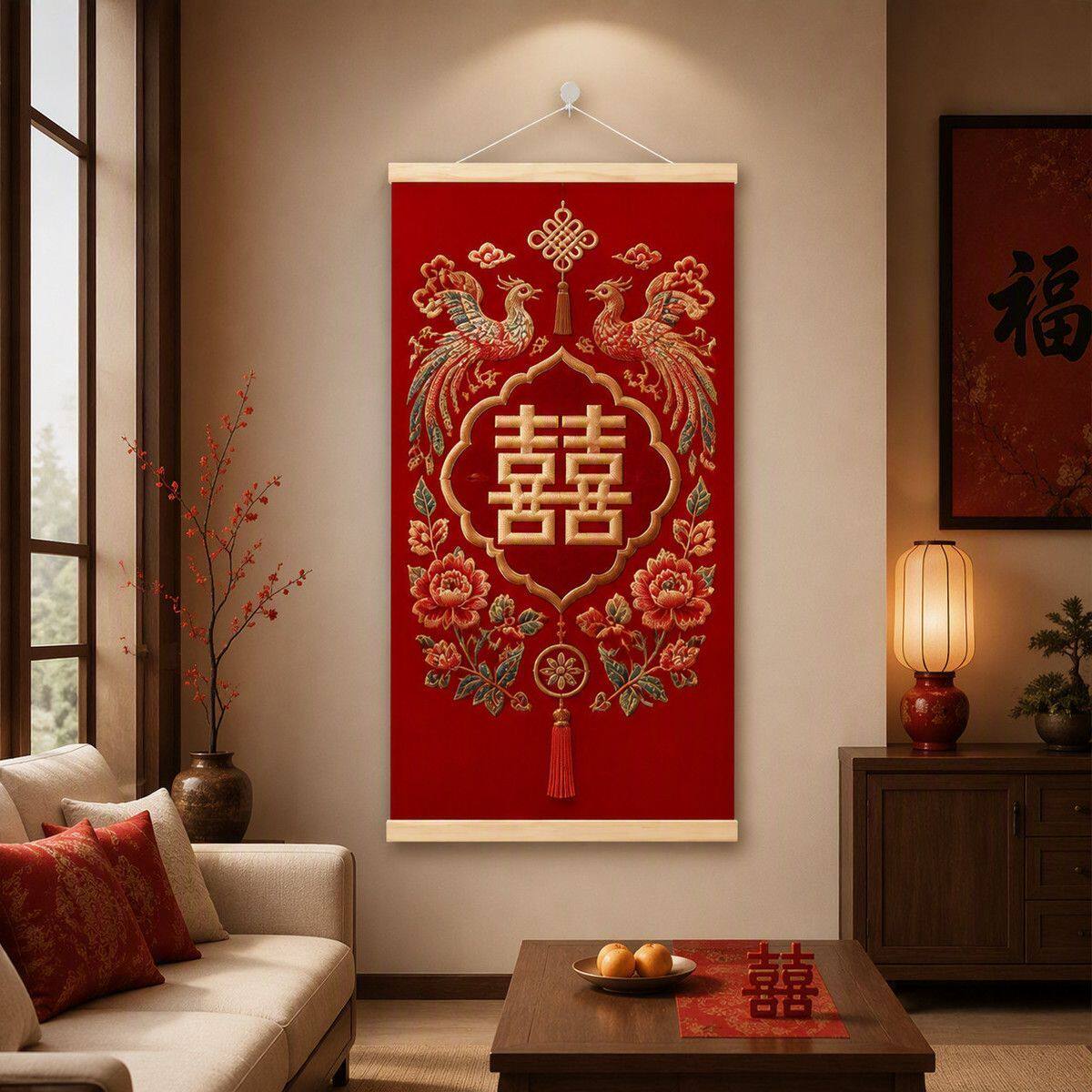 福韵千纹喜字双喜新中式寓意祝福装饰画免打孔挂画客厅玄关装饰画