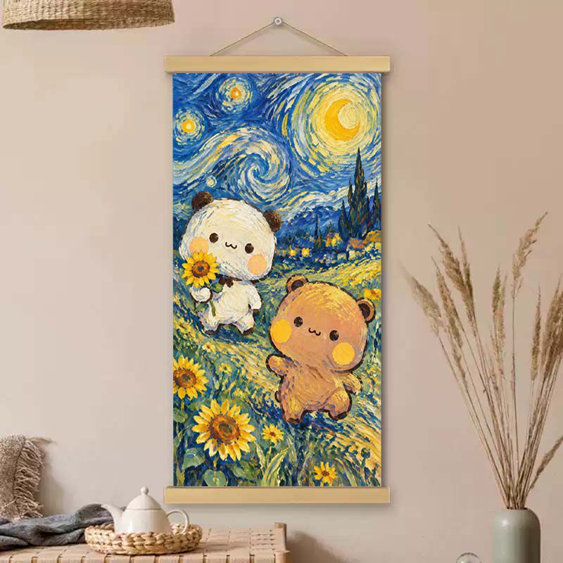 一二布布星夜油画梵高萌系卷轴挂画治愈卧室客厅玄关竖版装饰画