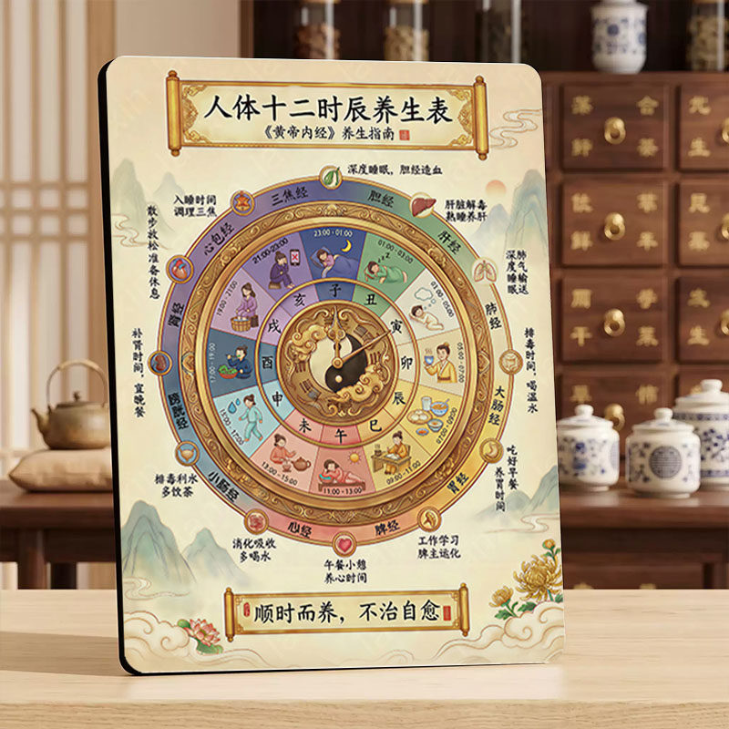 【十二时辰养生表】黄帝内经黄相框摆台科学作息画框客厅卧室摆件