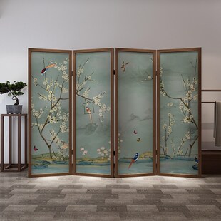 古典屏风隔断客厅卧室入户折叠玄关房间移动实木花鸟折屏 新中式