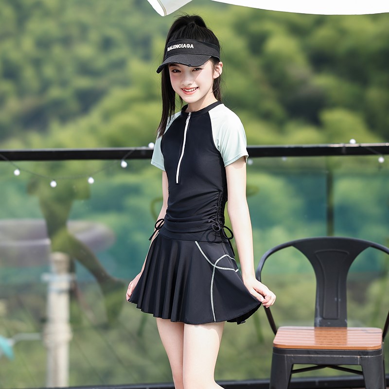 女大童泳衣女孩2024新款青少年初高中学生平角保守裙X式分体游泳