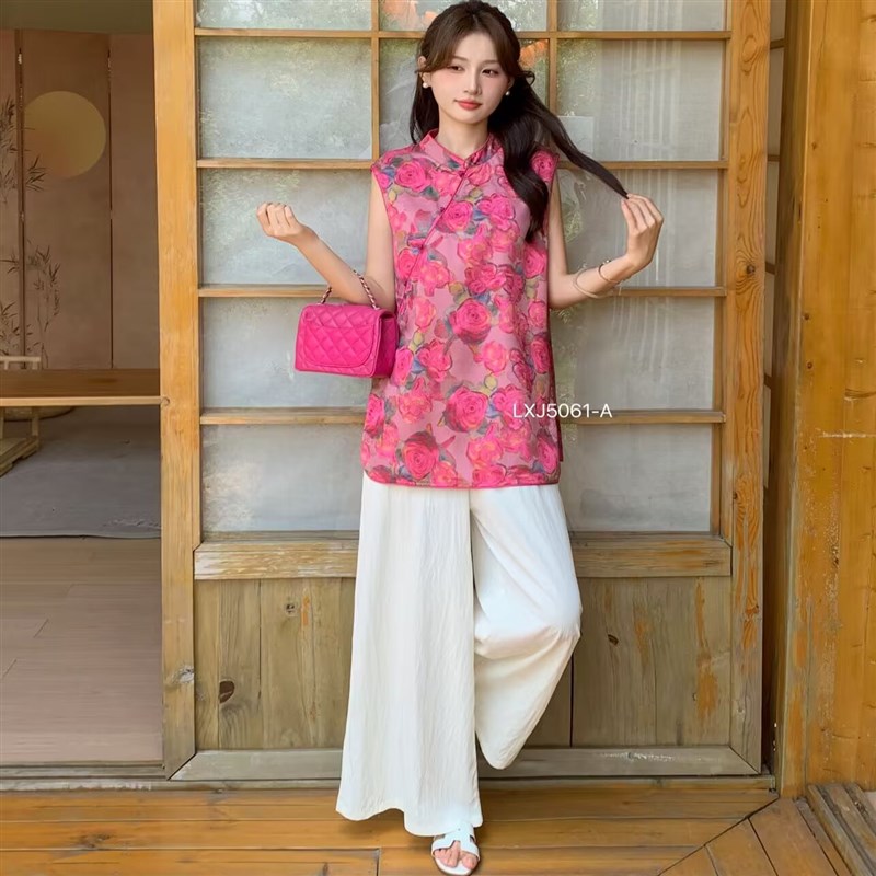 新中式国风c套装女夏季新款高级感显瘦马甲阔腿裤两件套流行街服