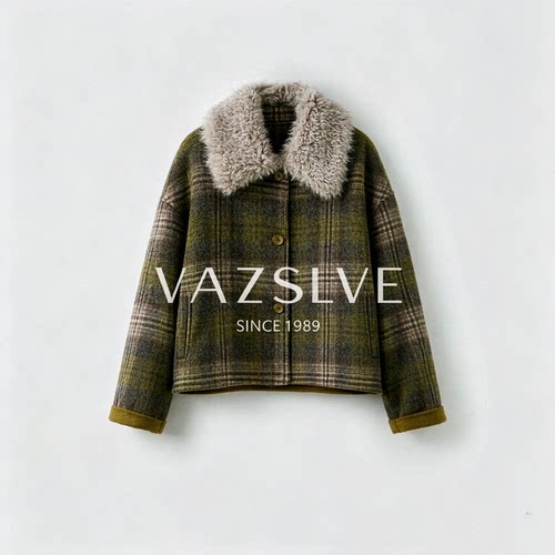 【VAZSLVE/全新奢品】时尚秋冬韩版格纹休闲百搭显瘦毛呢外套050