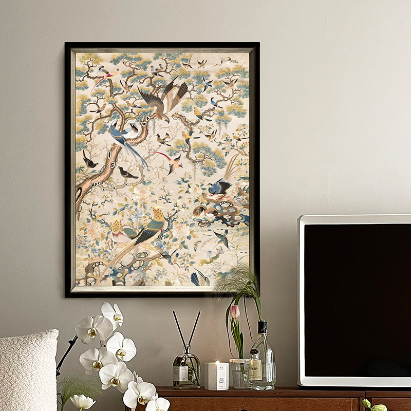 《花鸟祥和图》法式中古风餐厅装饰画新中式客厅挂画复古艺术国画