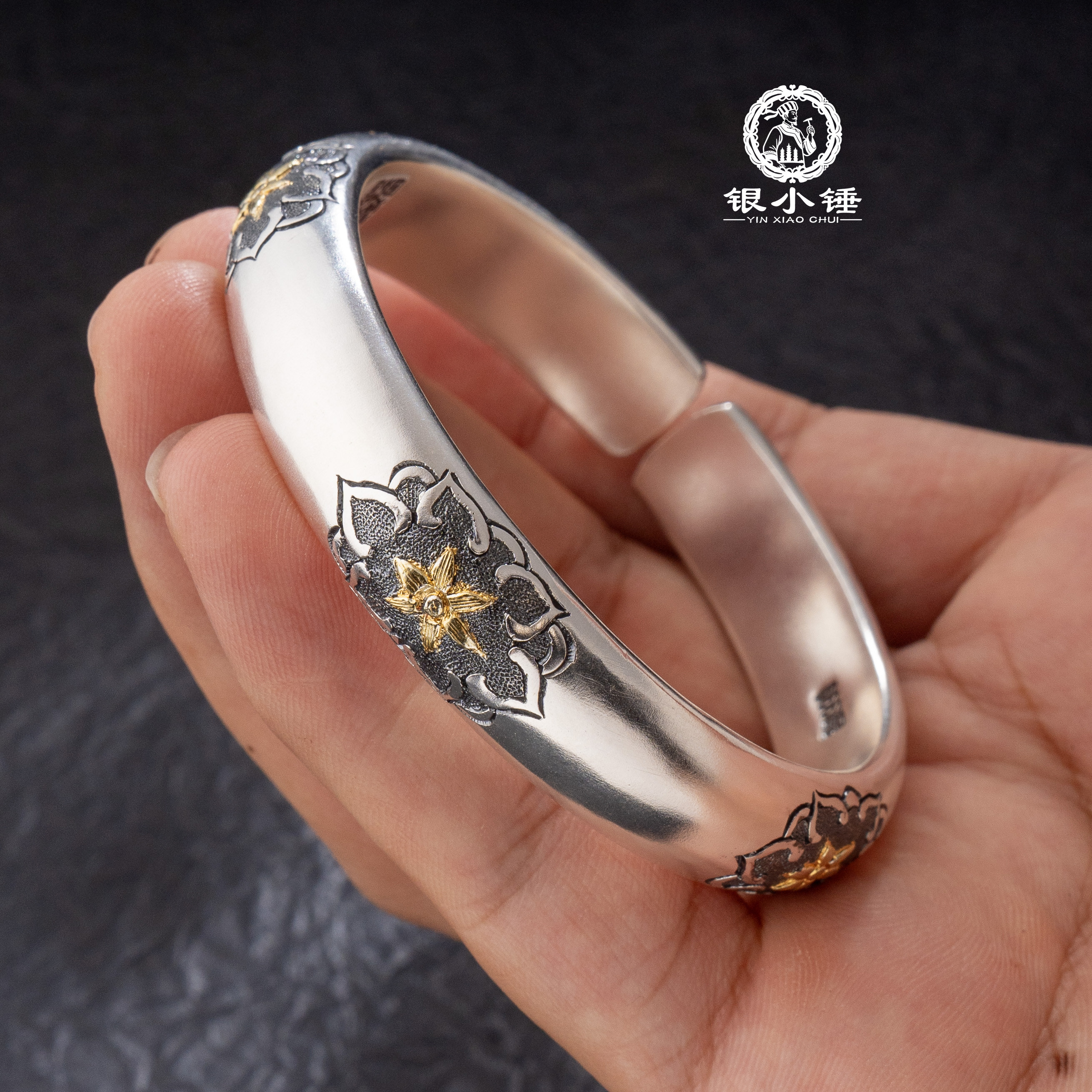 大理手工宝相花泥鳅背足银手镯