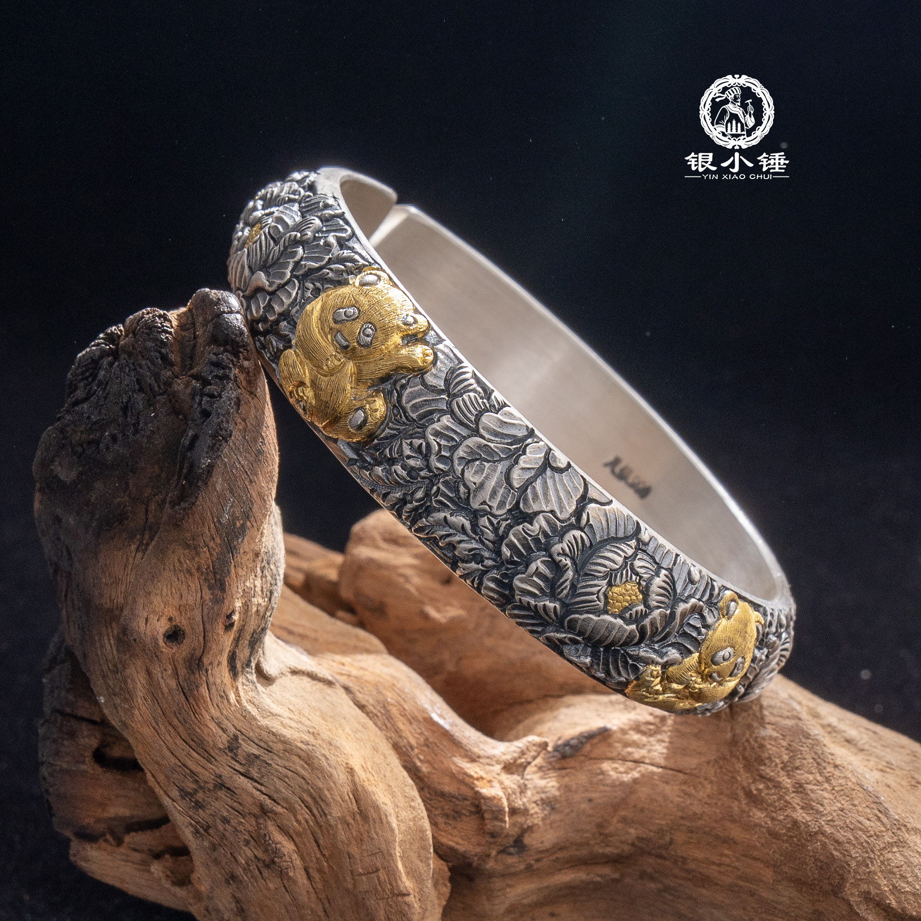 熊猫牡丹 大理银小锤手工錾刻镶金熊猫牡丹999足银手镯/可定制,饰品/流行首饰/时尚饰品新,银饰手镯,淘宝优惠券,粉丝福利购,淘宝优惠卷