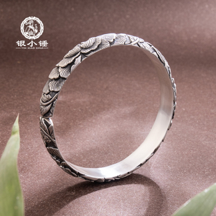 牡丹三叠 大理银小锤古法手工錾刻复古牡丹花999足银手镯/可定制