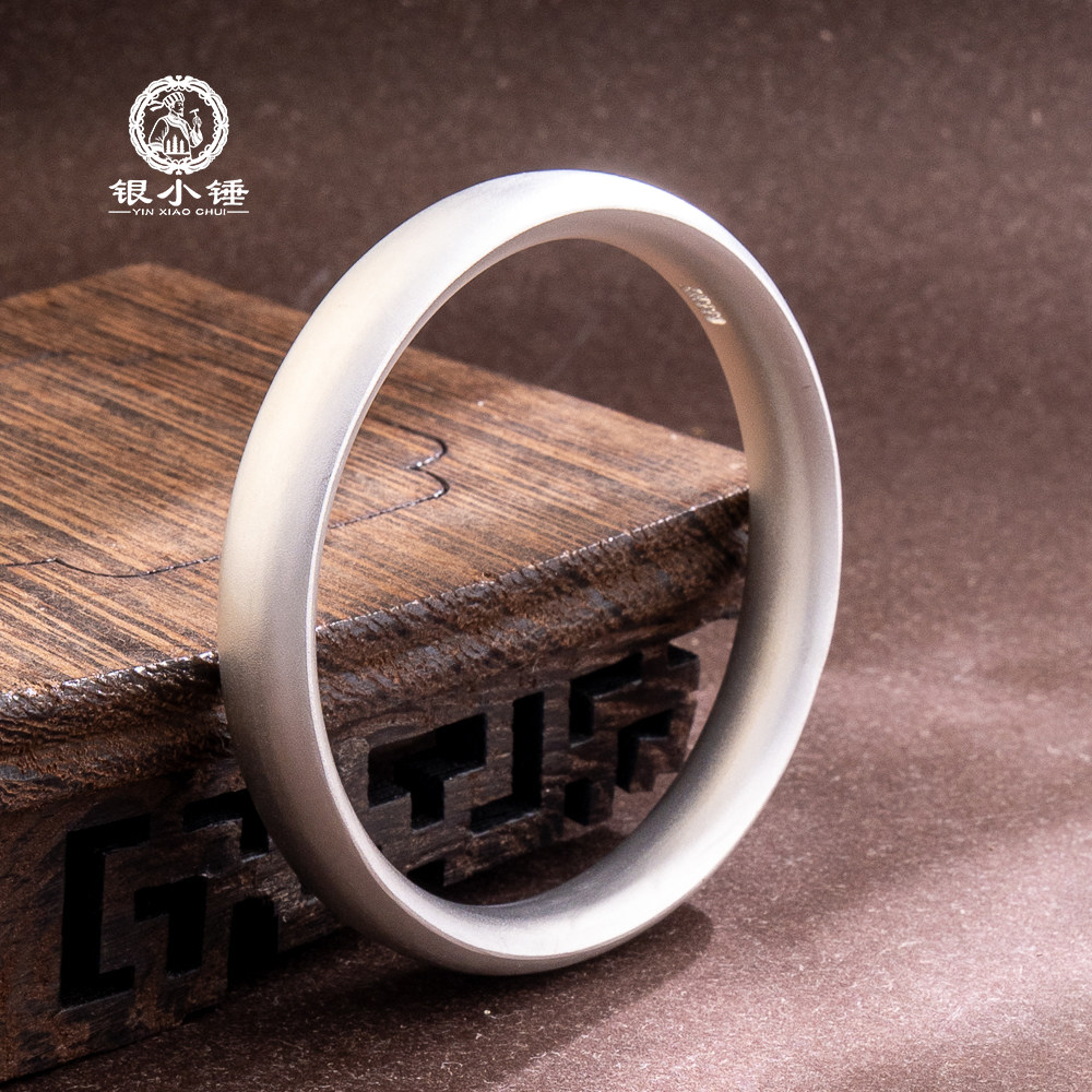 轮胎背 大理银小锤古法手工喷砂泥鳅背简约999足银手镯/可定制