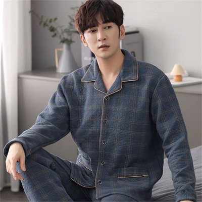 纯棉睡衣男士加厚秋冬季长袖空气棉大码开衫薄款夹层棉家居