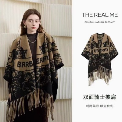 法式格子流苏斗篷外套女秋冬季小个子披肩外搭厚羊绒围巾披风大衣