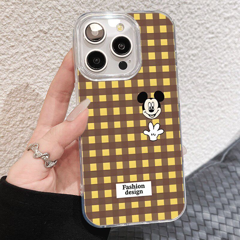 华为PURA80黄棕格纹米奇iPhone15羽纱硬卡通苹果17高颜值16plus手机壳14pm带挂绳12适用13ProMax可爱一加ACE6