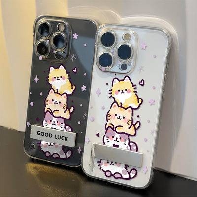 华为PURA90可爱iPhone13透明17无边框适用苹果14手机壳卡通叠叠VIVOIQOO15带支架硬超薄12ProMax高级感16PLUS