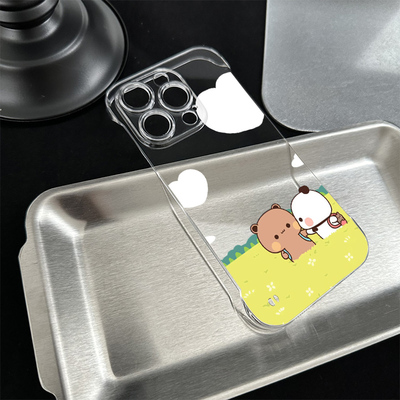 iPhone12硬无边框OPPORENO14可爱适用苹果15plus超薄17透明16卡通带支架13ProMax手机壳VIVOY500春游一二布布