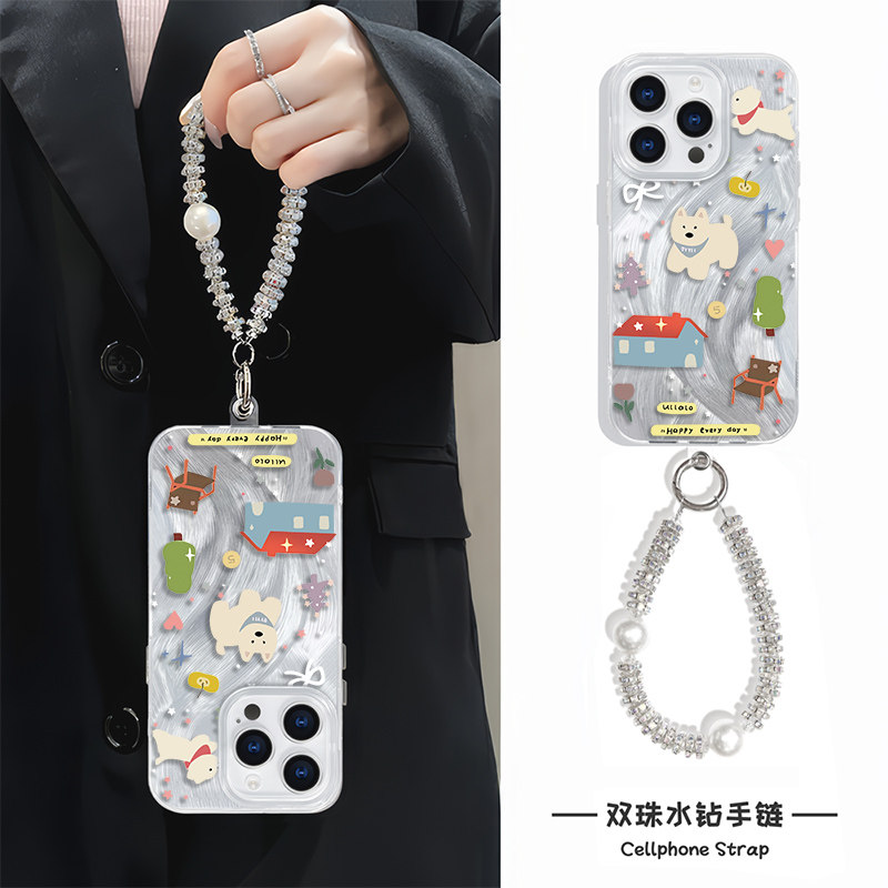 高级感羽纱硬iPhone14plus郁金香狗狗12卡通15ProMax一加13手机壳带挂绳链条neo10苹果16适用ins风真我gt7pro