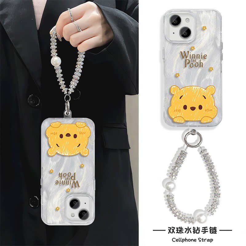 iPhone15plus适用华为mate70卡通维尼熊红米note14羽纱苹果12可爱手腕Reno13手机壳带挂绳16promax硬a5高级感
