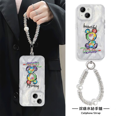 苹果15plus小众手机壳带挂绳适用iPhone14创意涂鸦熊链条13简约16羽纱硬手腕A5活力版12ProMax荣耀畅玩60PLUS
