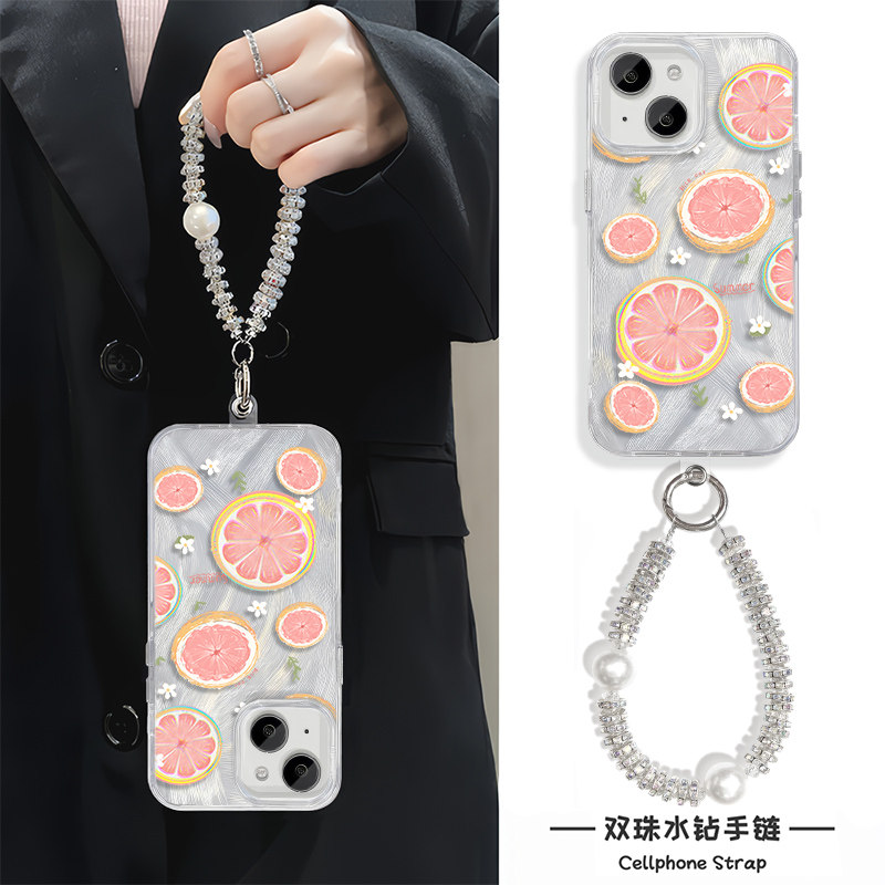 小清新西柚iPhone16E手机壳带挂绳15Ultra羽纱RENO13苹果14Plus适用K80荣耀GT硬12ProMax高级感TURBO4女ins风