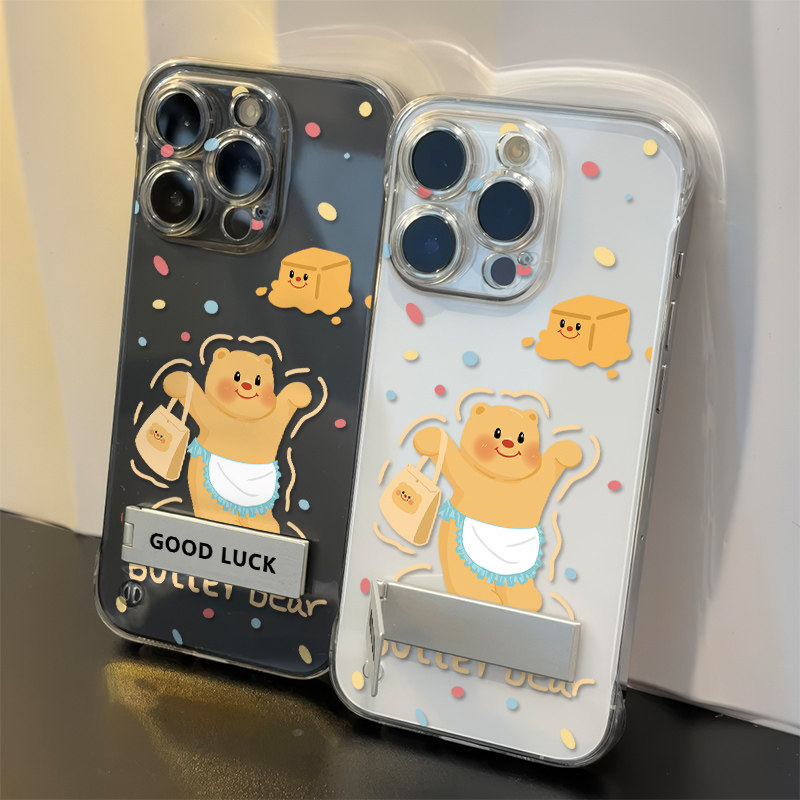 无边框12ProMax黄油小熊华为Mate70高级感iPhone13适用硬16手机壳带支架苹果15透明超薄14plus可爱荣耀MAGIC6