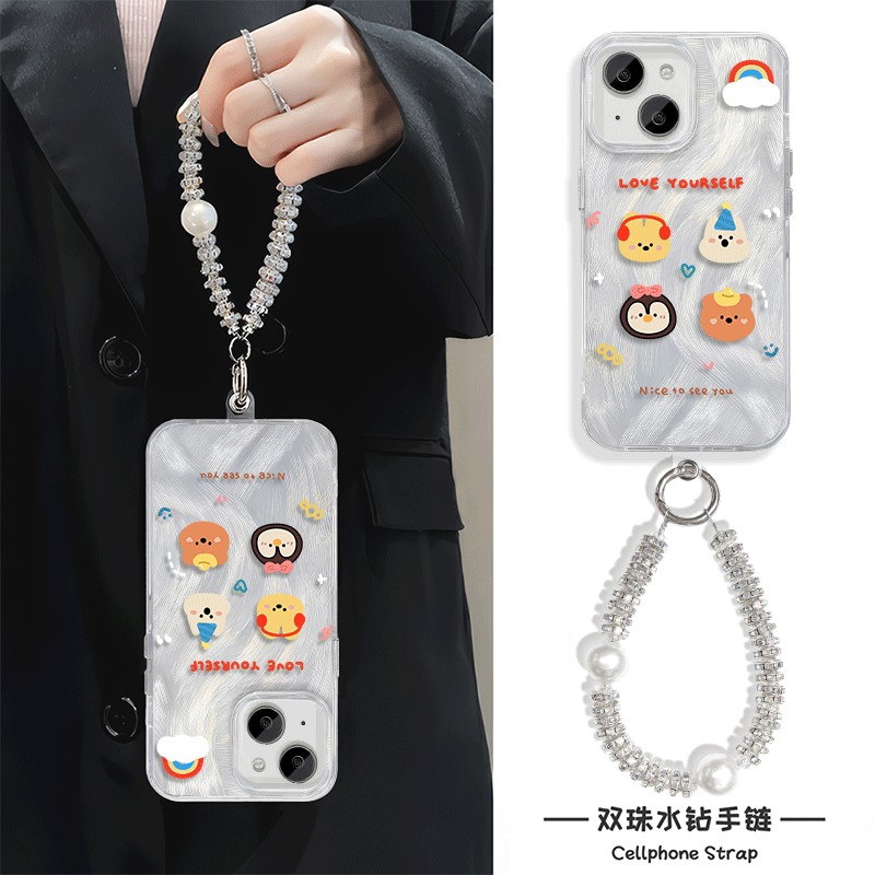 彩虹小动物可爱14pm苹果15手腕Reno13高级感iPhone16手机壳带挂绳硬羽纱适用手链y300小众12ProMax华为mate60