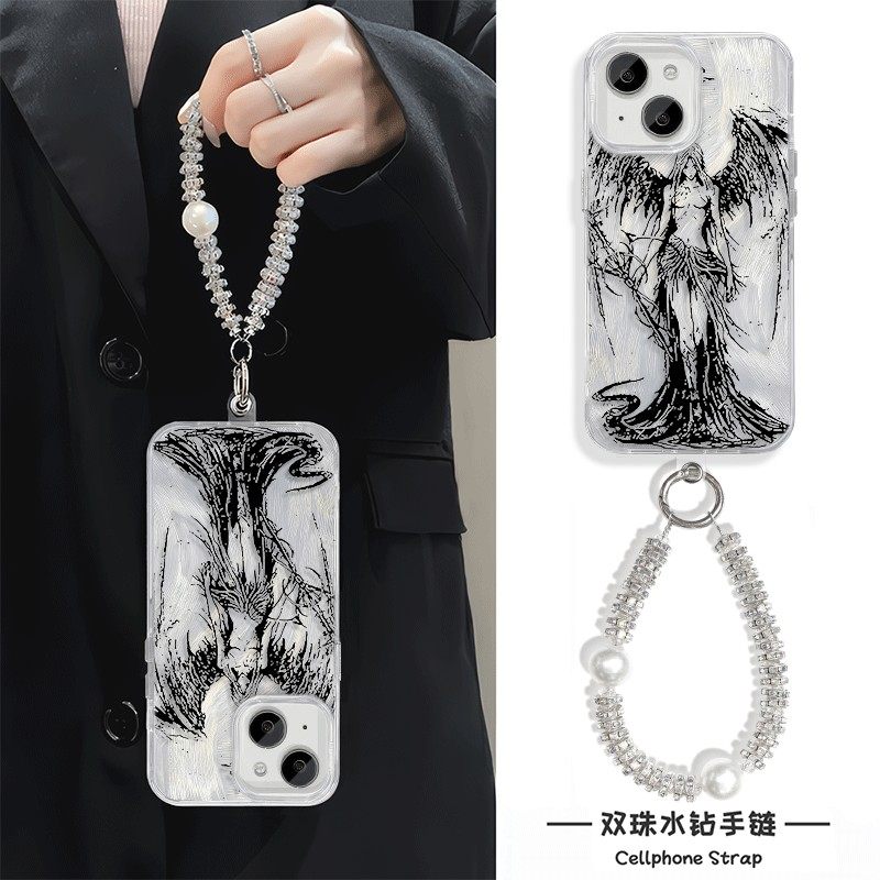 天使哥特风iPhone16手机壳带挂绳NOTE14羽纱链条13苹果15Plus适用K80Pro硬12ProMax高级感S20女P70个性A5小众