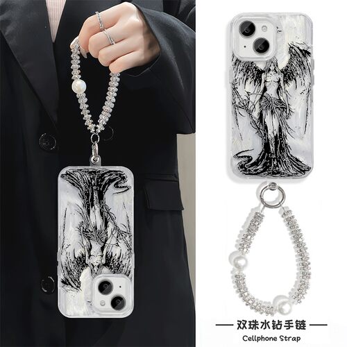 天使哥特风iPhone16手机壳带挂绳NOTE14羽纱链条13苹果15Plus适用K80Pro硬12ProMax高级感S20女P70个性A5小众